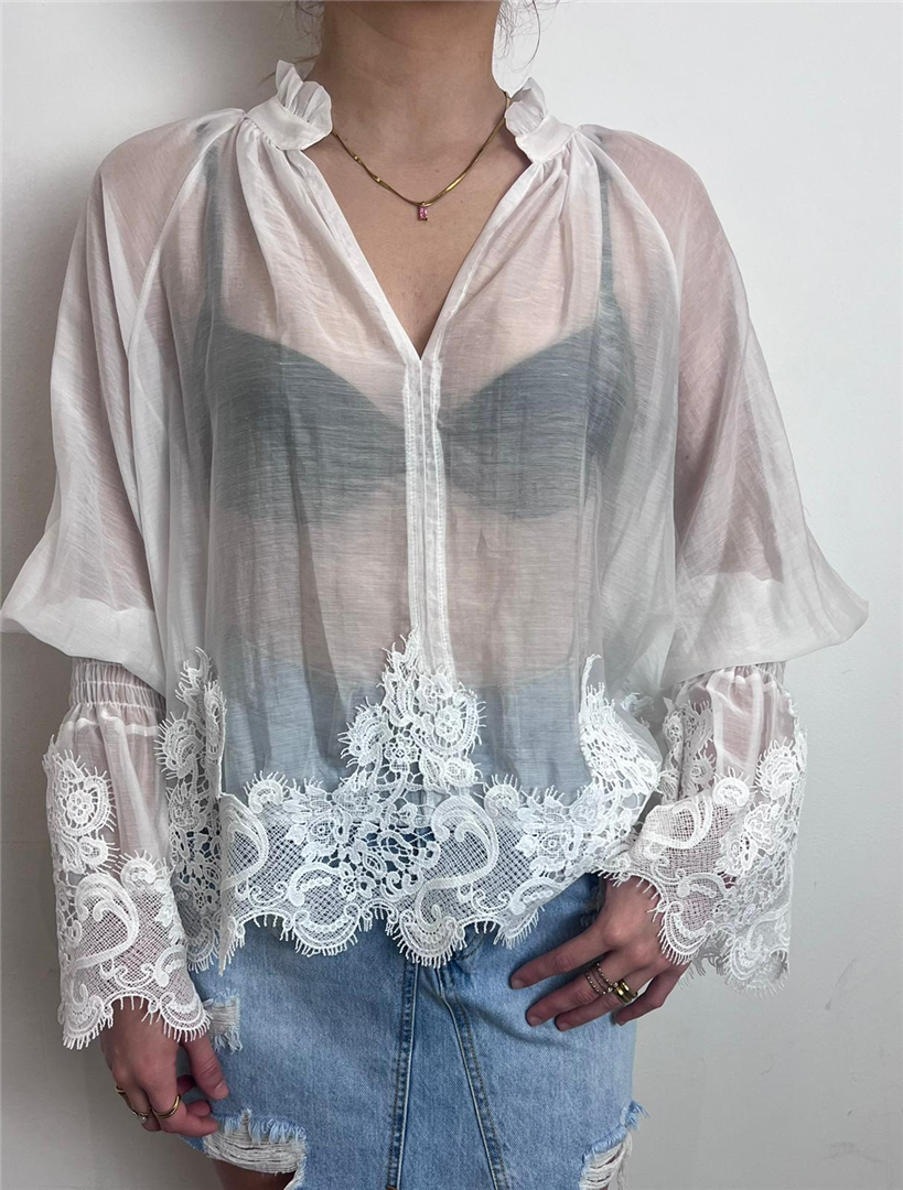 Blusa Scollo A V Con Pizzo Sui Polsini E Sul Fondo - Haveone cod. CVE_Q237  color:burro