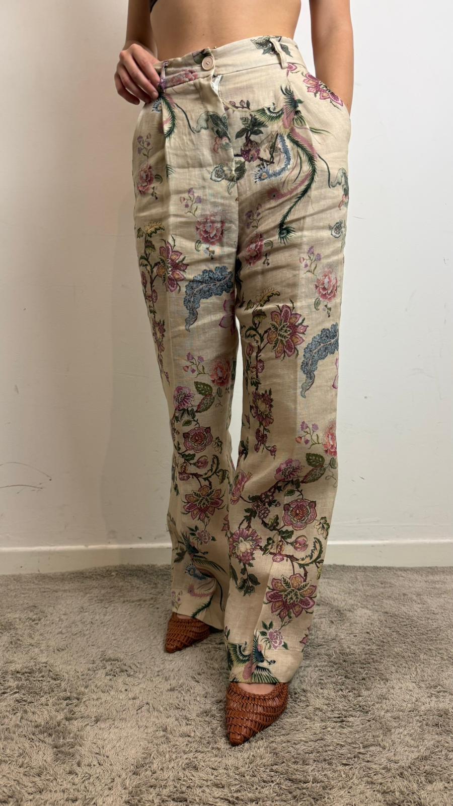 Pantalone Palazzo Fantasia Fiori 100% Lino - Vicolo cod. TAB1976  color:beige