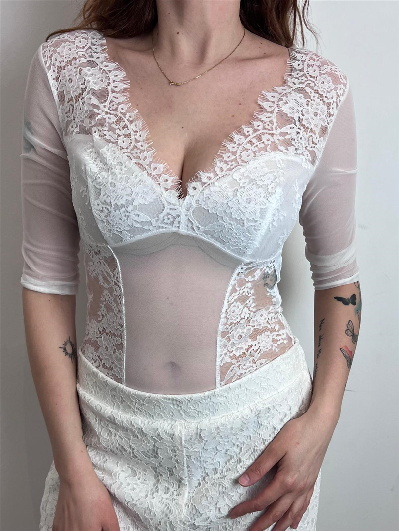 Body Inserti In Pizzo Con Maniche Tre Quarti - Imperial cod. B280LJS  color:bianco