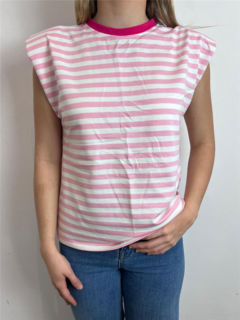 T Shirt Giromanica A Righe Con Spalline - Haveone cod. TSS_Q111  color:bianco/rosa
