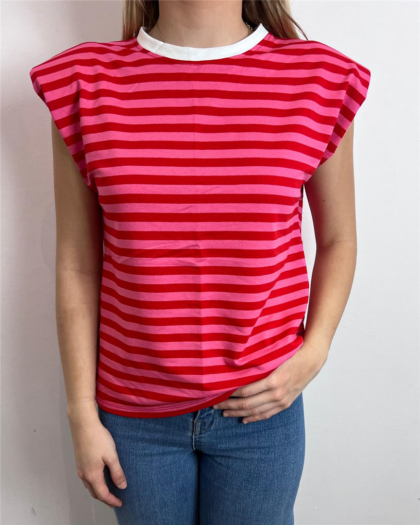 T Shirt Giromanica A Righe Con Spalline - Haveone cod. TSS_Q111  color:cipria/fuxia