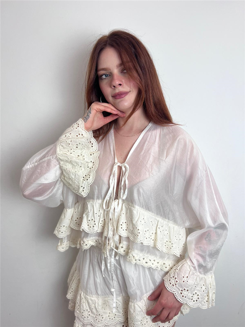 Blusa Con Inserti In Pizzo Sangallo - Haveone cod. CVS_Q258  color:burro