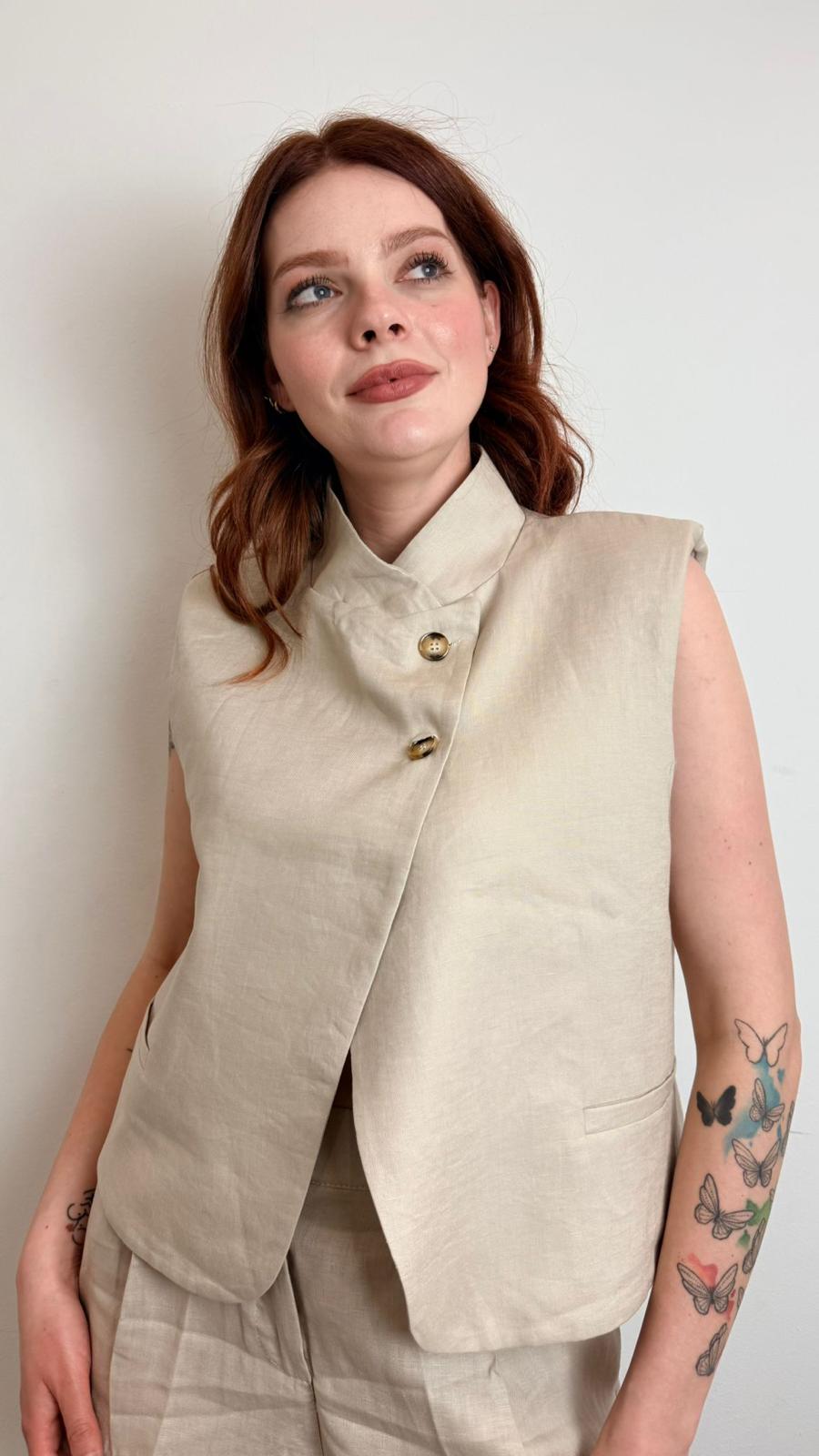 Gilet Collo Coreana In Lino 100% - Vicolo cod. TAB2176  color:burro