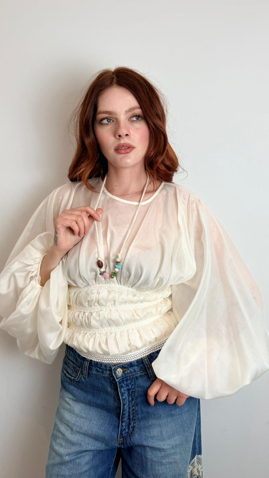 Blusa Manica Ampia Con Accessorio Collana - Souvenir cod. S39M0205  color:burro