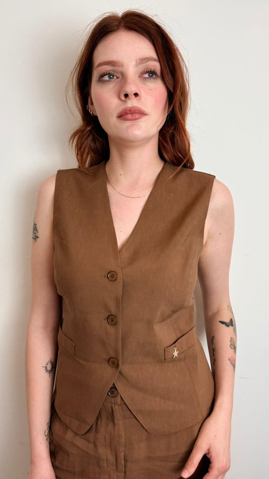 Gilet Misto Lino Con Apertura Dietro - Souvenir cod. W39S0263  color:tabacco