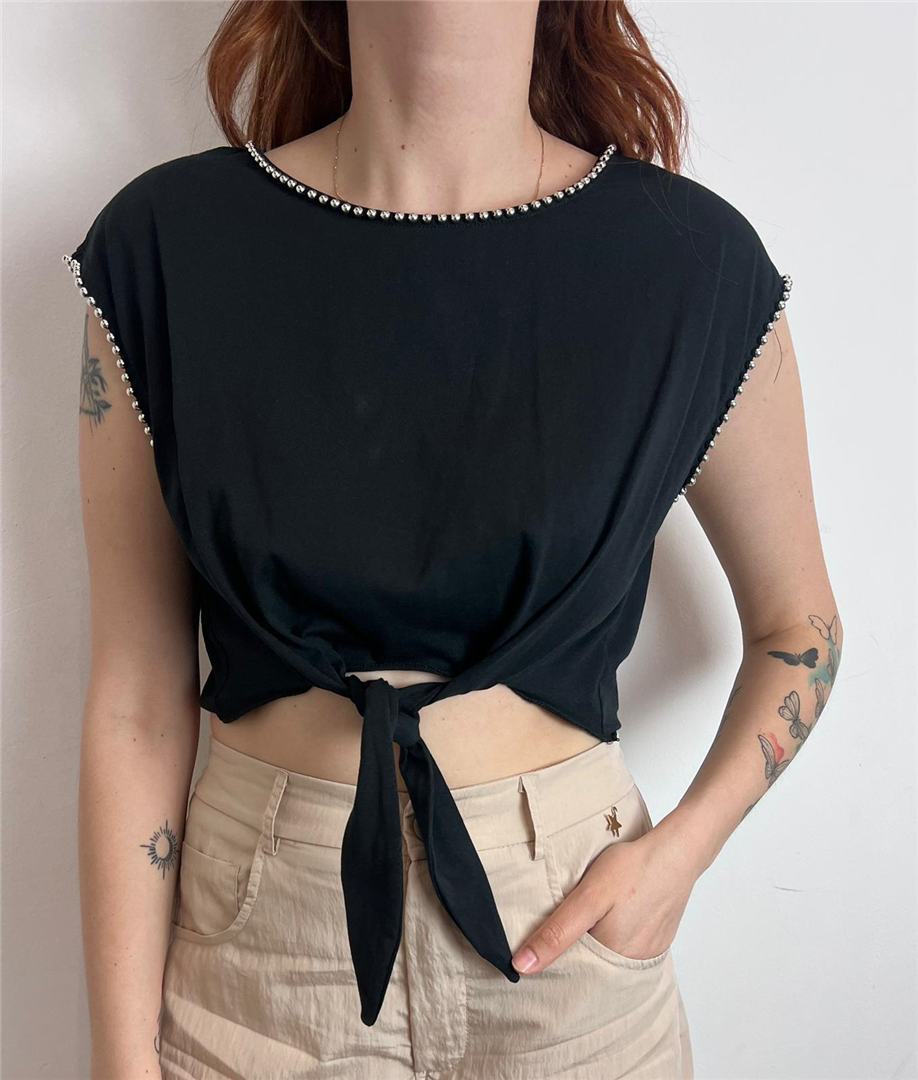 T Shirt Giromanica Apllicazione Borchie - Souvenir cod. V39A0139  color:nero