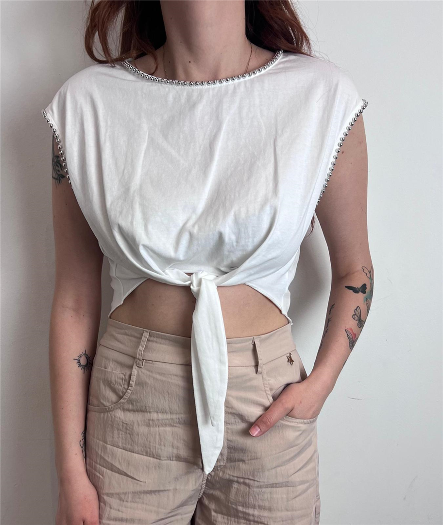 T Shirt Giromanica Apllicazione Borchie - Souvenir cod. V39A0139  color:bianco