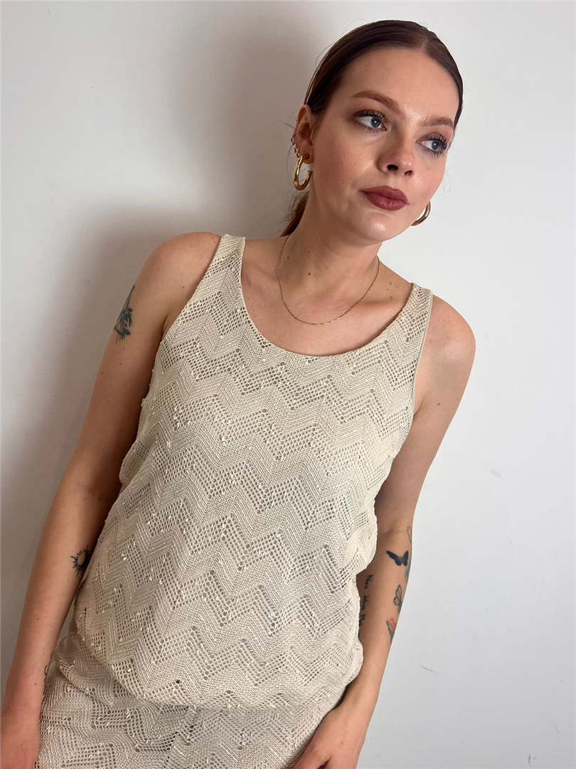 Canotta Traforata Con Paillettes - Vicolo cod. TAB2294  color:burro