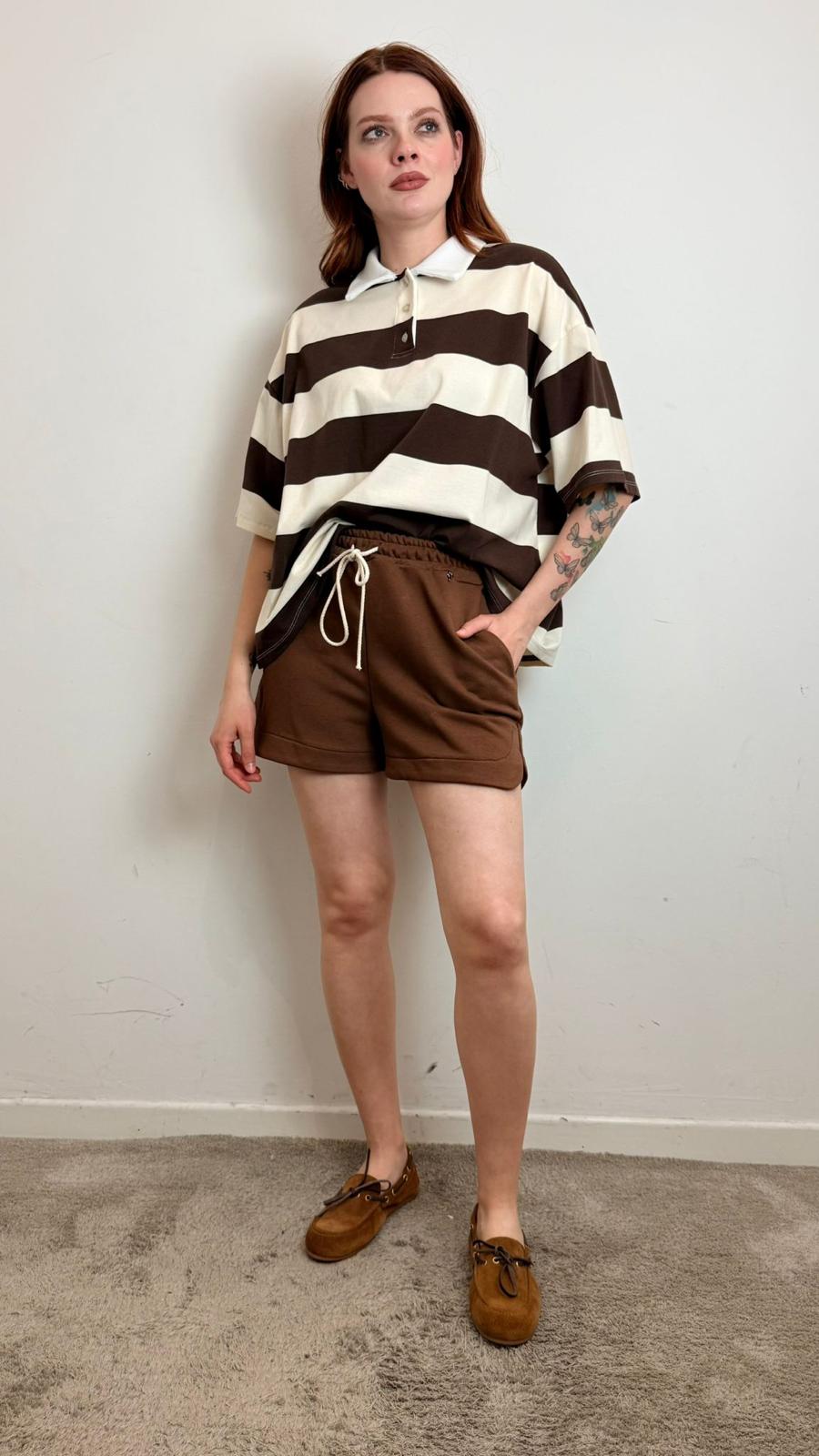 Completo Polo A Righe Con Shorts - Philia Loft cod. V02F0881  color:cocco