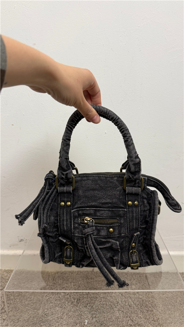 Borsa Bowling Effetto Vissuto Denim Lung 23 Cm H. 21 Cm - Divisione Chickster's cod. M3604  color:nero