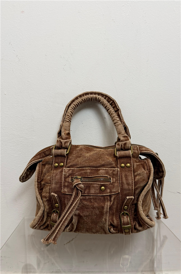 Borsa Bowling Effetto Vissuto Denim Lung 23 Cm H. 21 Cm - Divisione Chickster's cod. M3604  color:marrone