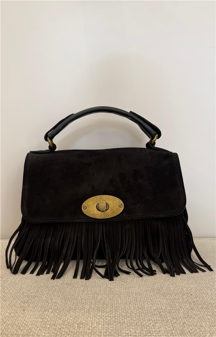 Borsa Scamosciata Con Frange E Tracolla Lung. Cm 27 Alt. 16 - Divisione Chickster's cod. M3526  color:nero nero