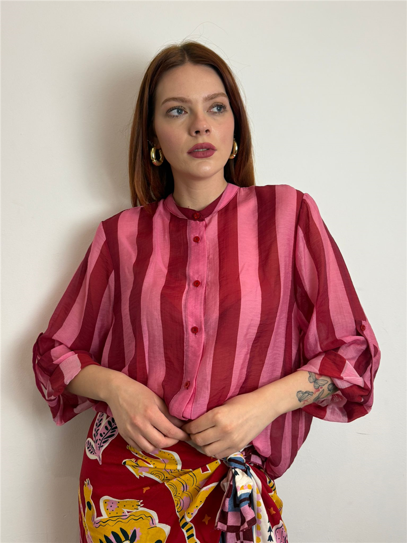 Camicia A Righe Collo Alla Coreana - Haveone cod. CVS_Q398  color:riga rossa/fuxia