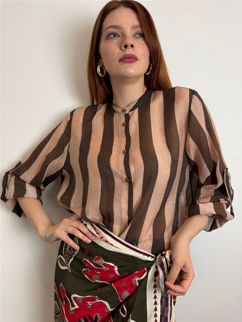 Camicia A Righe Collo Alla Coreana - Haveone cod. CVS_Q398  color:riga moro/beige