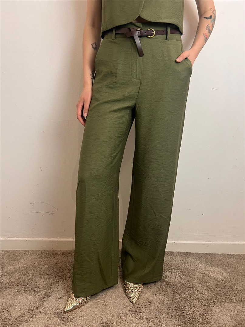 Pantalone Palazzo Con Cintura Ed Elastico In Vita - Haveone cod. PIA_Q532  color:militare chiaro