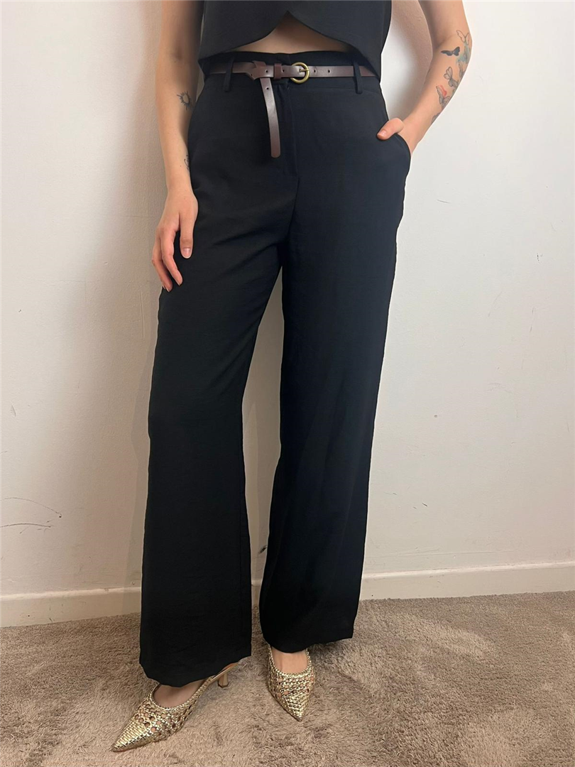Pantalone Palazzo Con Cintura Ed Elastico In Vita - Haveone cod. PIA_Q532  color:nero