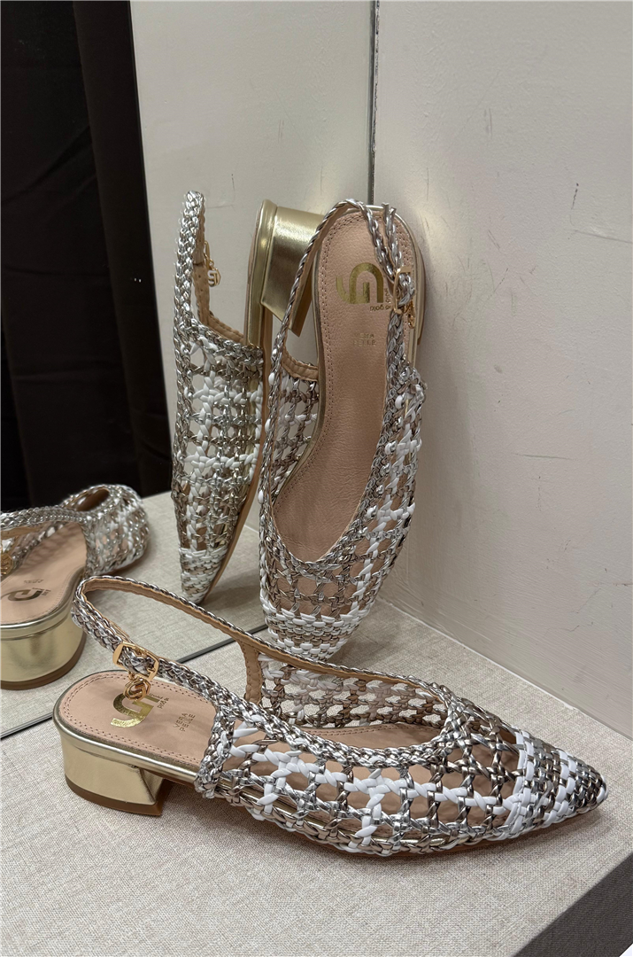 Slingback Lavorazione Intreccio Tacco Largo 3 - Gold&gold cod. GD407  color:bianco/silver/champagne