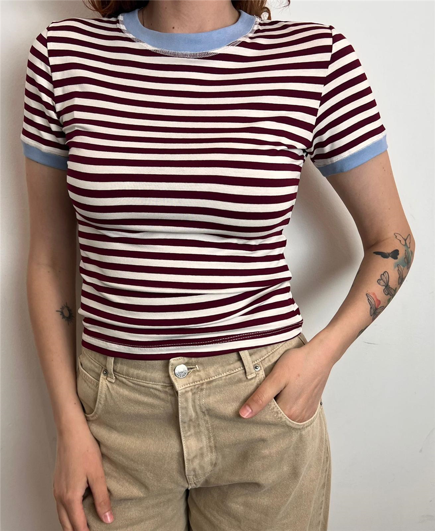 Tshirt A Righe Con Profili A Contrasto - Vicolo cod. UAB0395  color:india/celeste