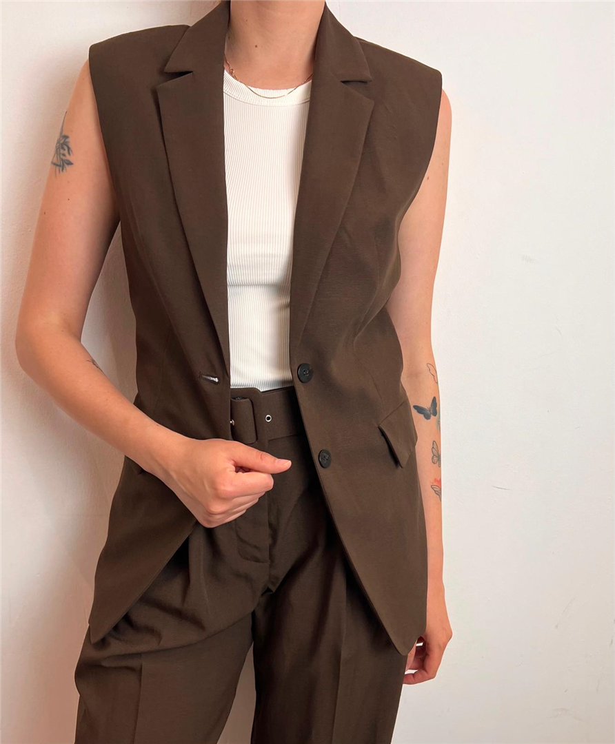 Gilet Lungo Misto Lino Con Cintura - Please cod. L0DJCMO000  color:moro