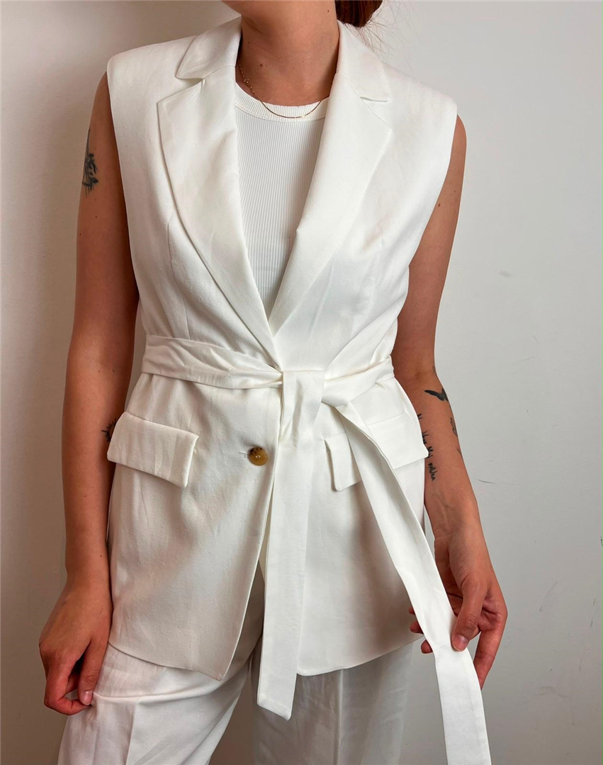 Gilet Lungo Misto Lino Con Cintura - Please cod. L0DJCMO000  color:panna