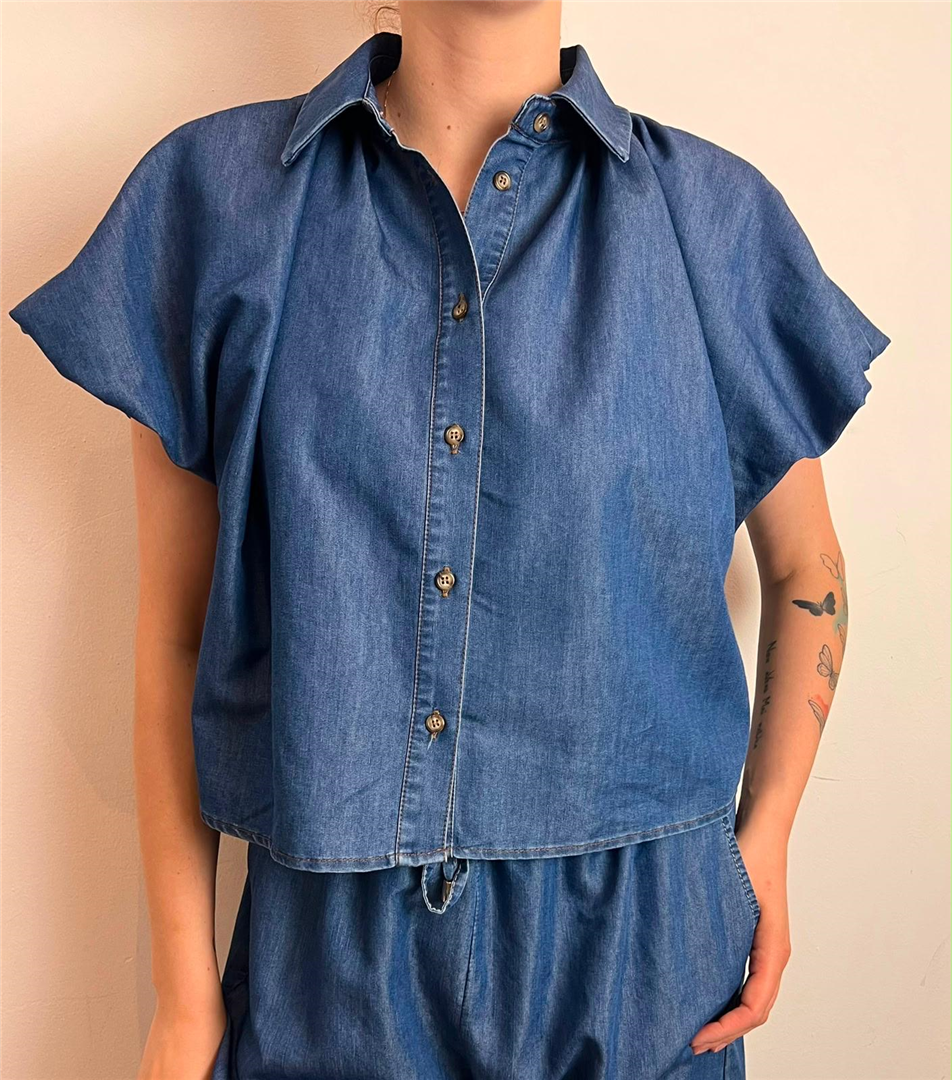 Camicia Cropped Maniche Ampie - Please cod. C1OKBUJCDZ  color:blu denim