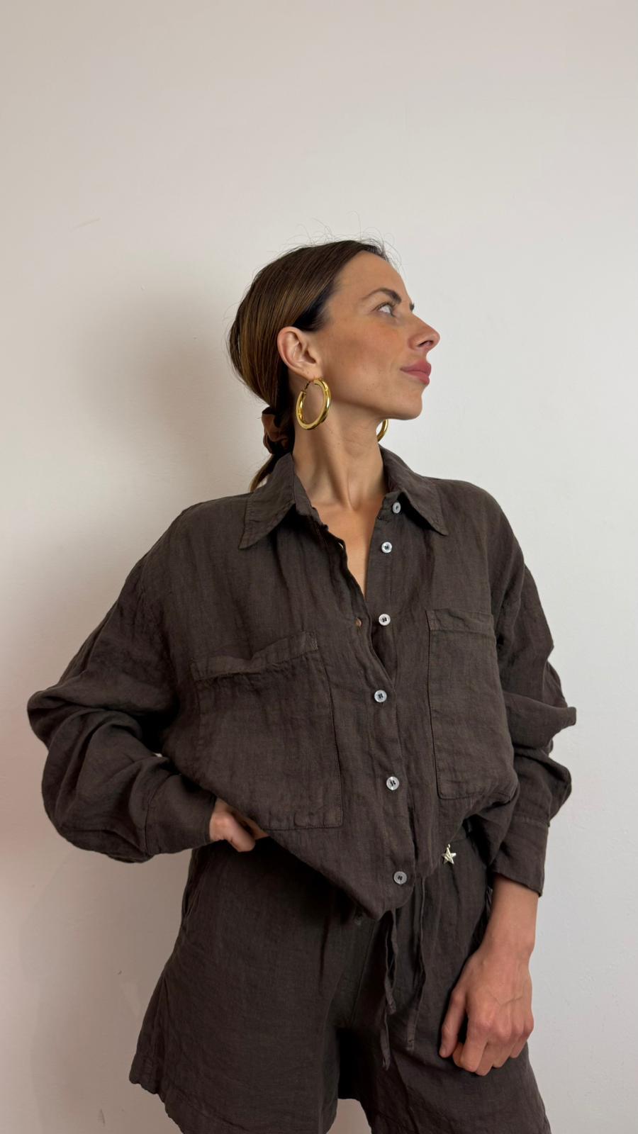 Camicia Con Coulisse Sul Fondo 100% Lino - Souvenir cod. L39Y1605  color:moro