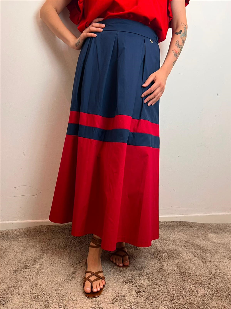 Gonna In Popeline Dettaglio Fasce Con Elastico Sul Retro - Souvenir cod. M39F1807  color:blu/rosso