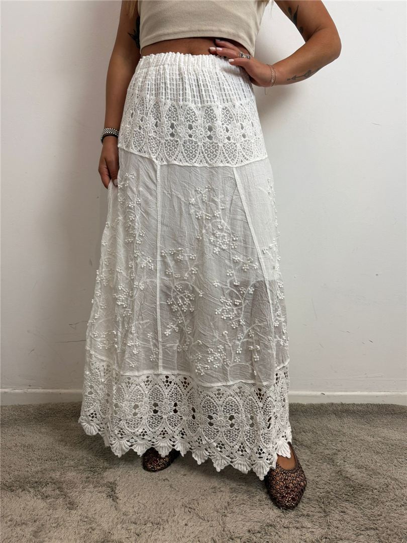 Gonna Ricamo Con Dettaglio Crochet Sul Fondo - Haveone cod. GVV_Q168  color:bianco