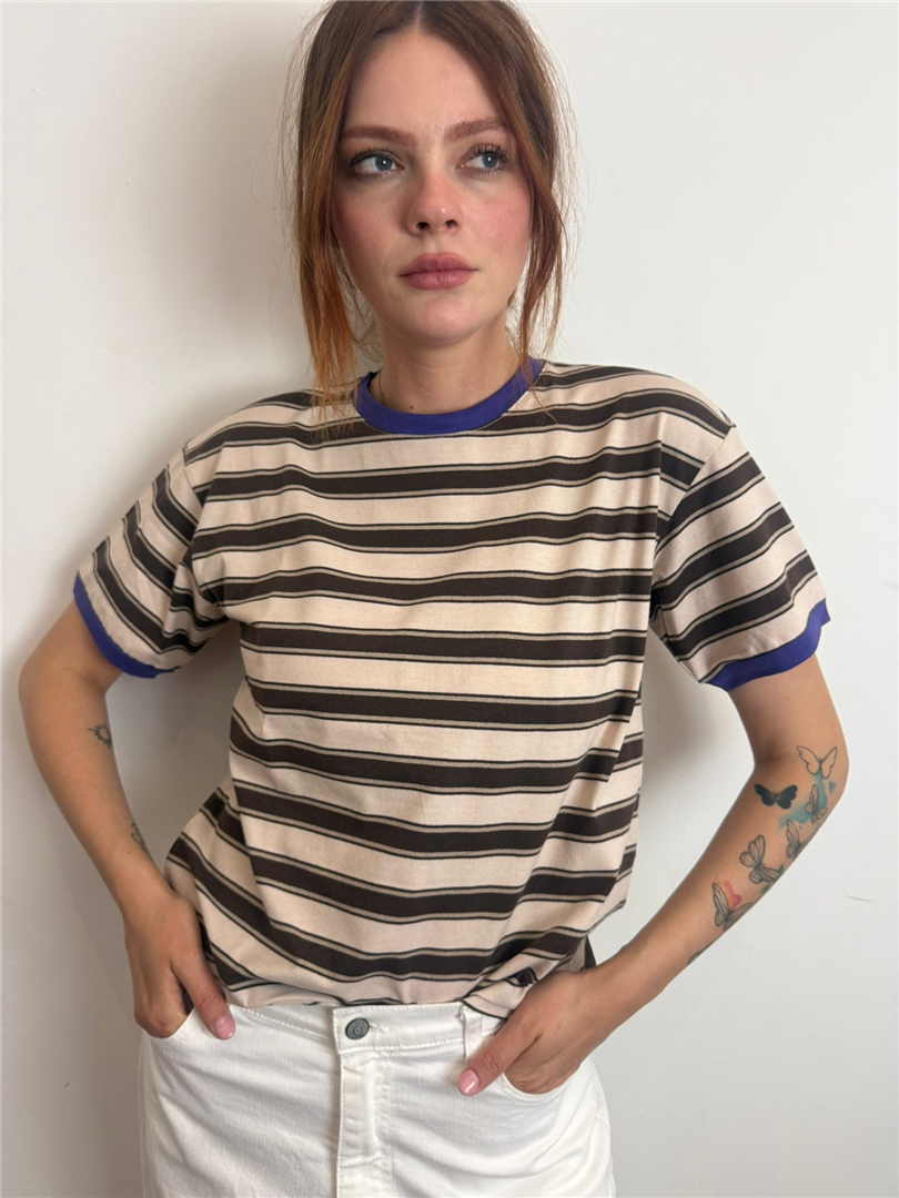 Maglia Riga Colletto E Bordo Maniche A Contrasto - Haveone cod. MSH_Q178  color:burro/moro/viola