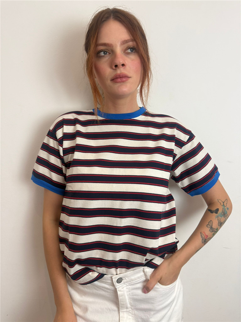 Maglia Riga Colletto E Bordo Maniche A Contrasto - Haveone cod. MSH_Q178  color:latte/blu/royal
