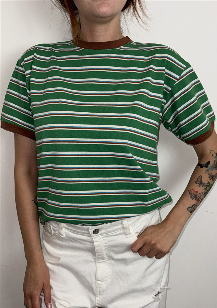 Maglia Riga Colletto E Bordo Maniche A Contrasto - Haveone cod. MSH_Q178  color:verde/turchese/tabacco