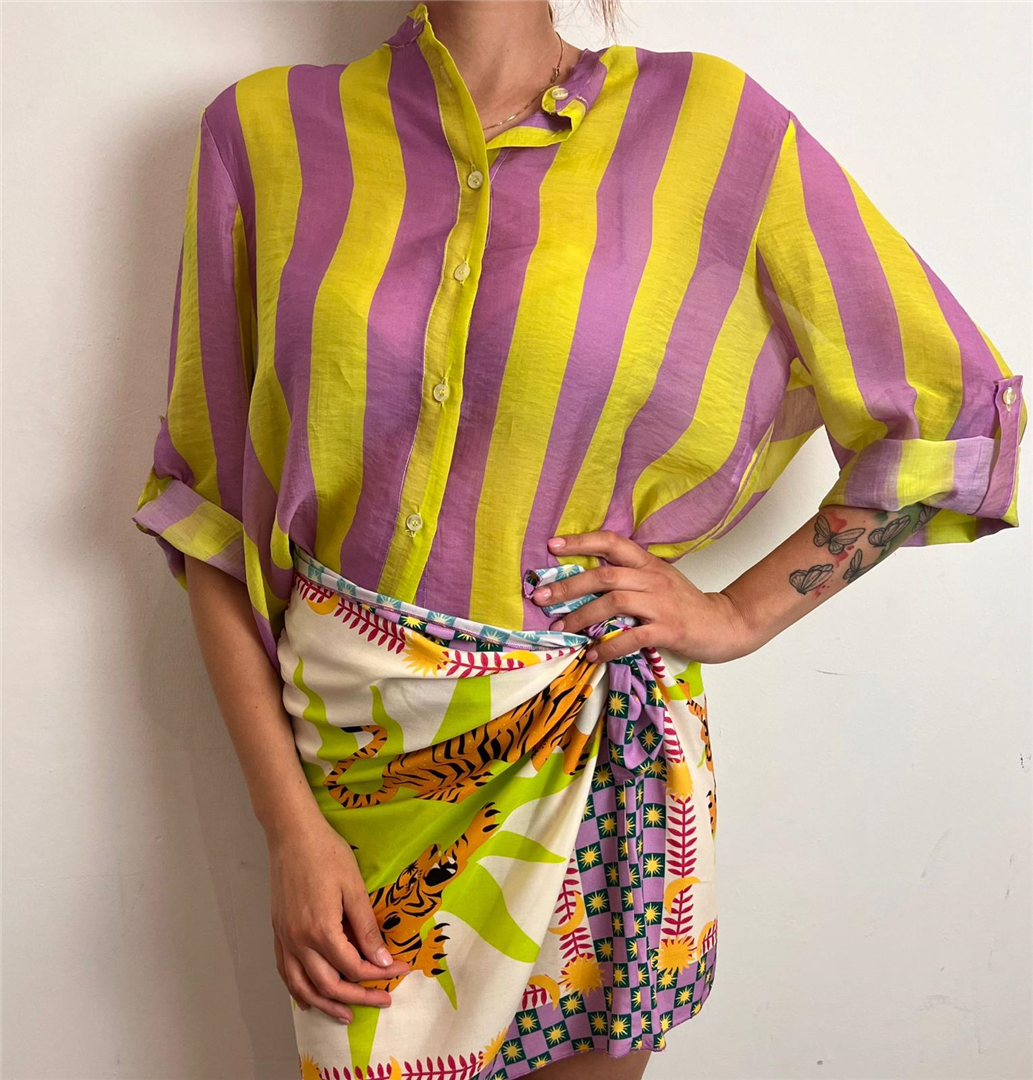 Camicia Eco A Righe Collo Alla Coreana - Haveone cod. CVS_Q422  color:riga lilla/lime