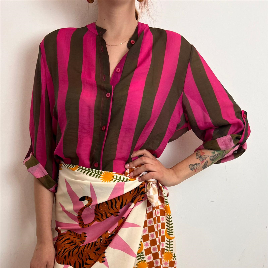 Camicia Eco A Righe Collo Alla Coreana - Haveone cod. CVS_Q422  color:riga fuxia/moro