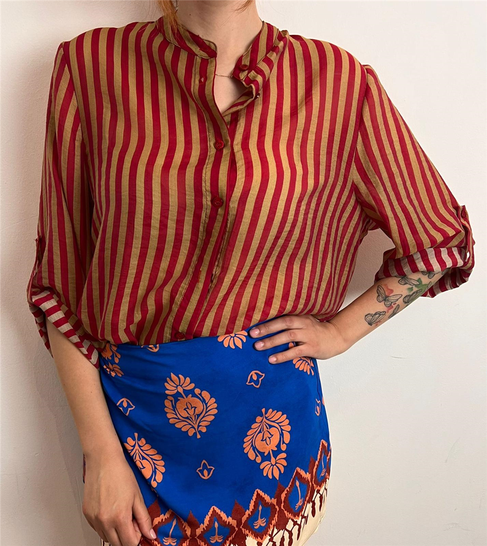 Camicia Eco A Righe Collo Alla Coreana - Haveone cod. CVS_Q423  color:riga india/tabacco