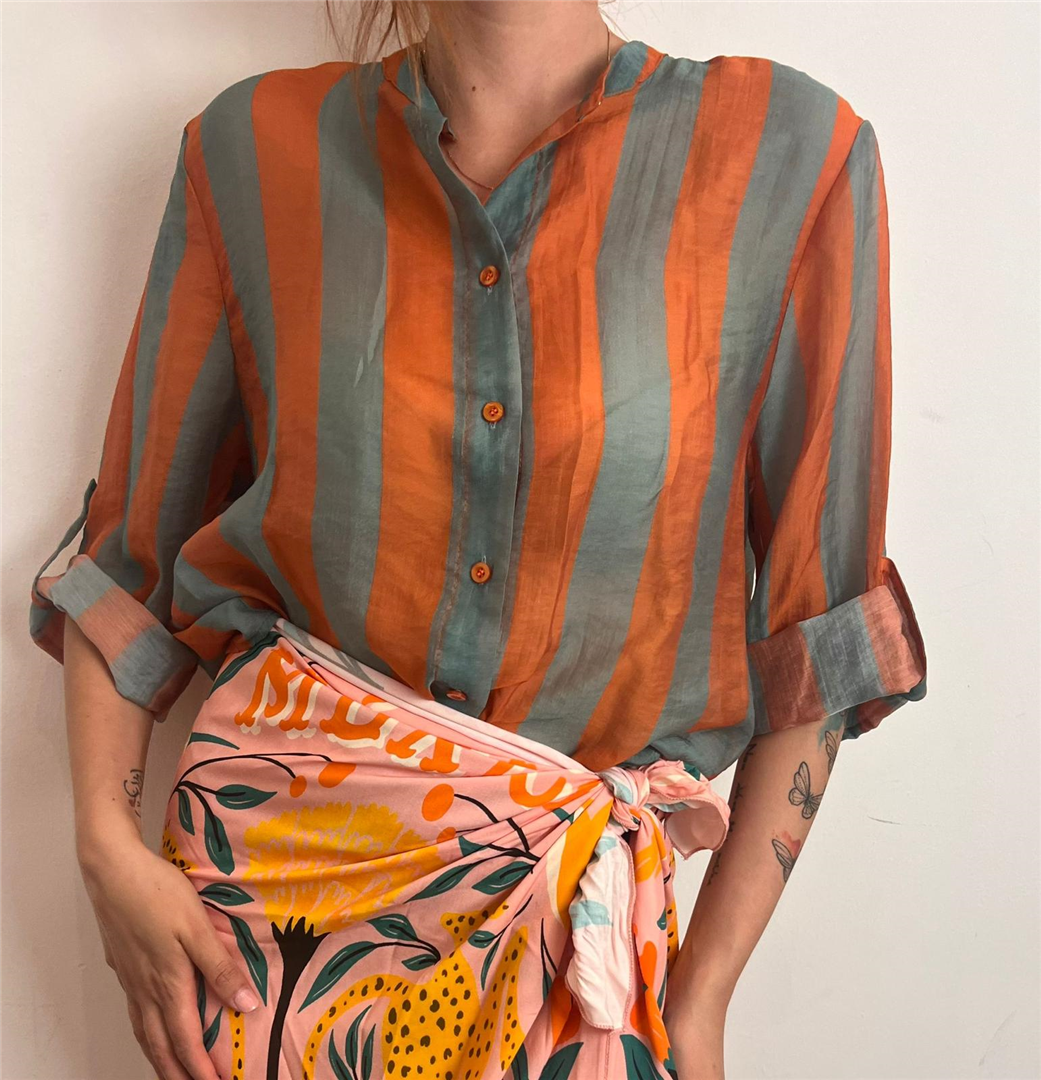 Camicia Eco A Righe Collo Alla Coreana - Haveone cod. CVS_Q422  color:riga carta zucchero/arancio