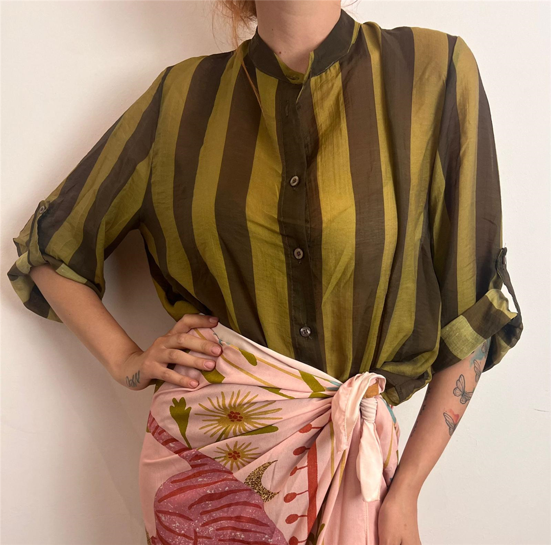 Camicia Eco A Righe Collo Alla Coreana - Haveone cod. CVS_Q422  color:riga olio/moro