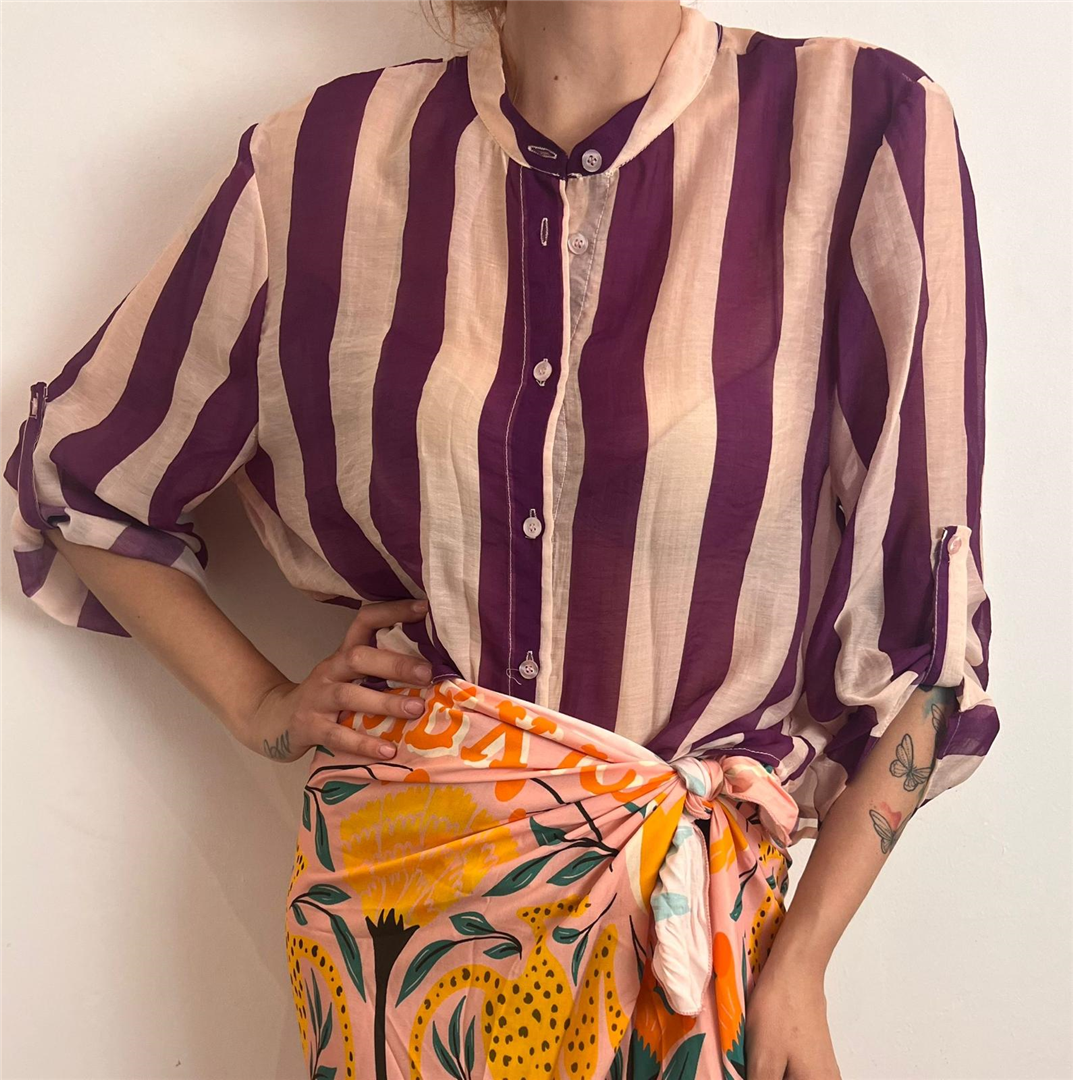 Camicia Eco A Righe Collo Alla Coreana - Haveone cod. CVS_Q422  color:riga burro/viola
