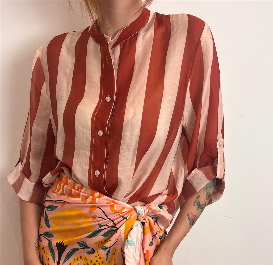 Camicia Eco A Righe Collo Alla Coreana - Haveone cod. CVS_Q422  color:riga burro/arancio