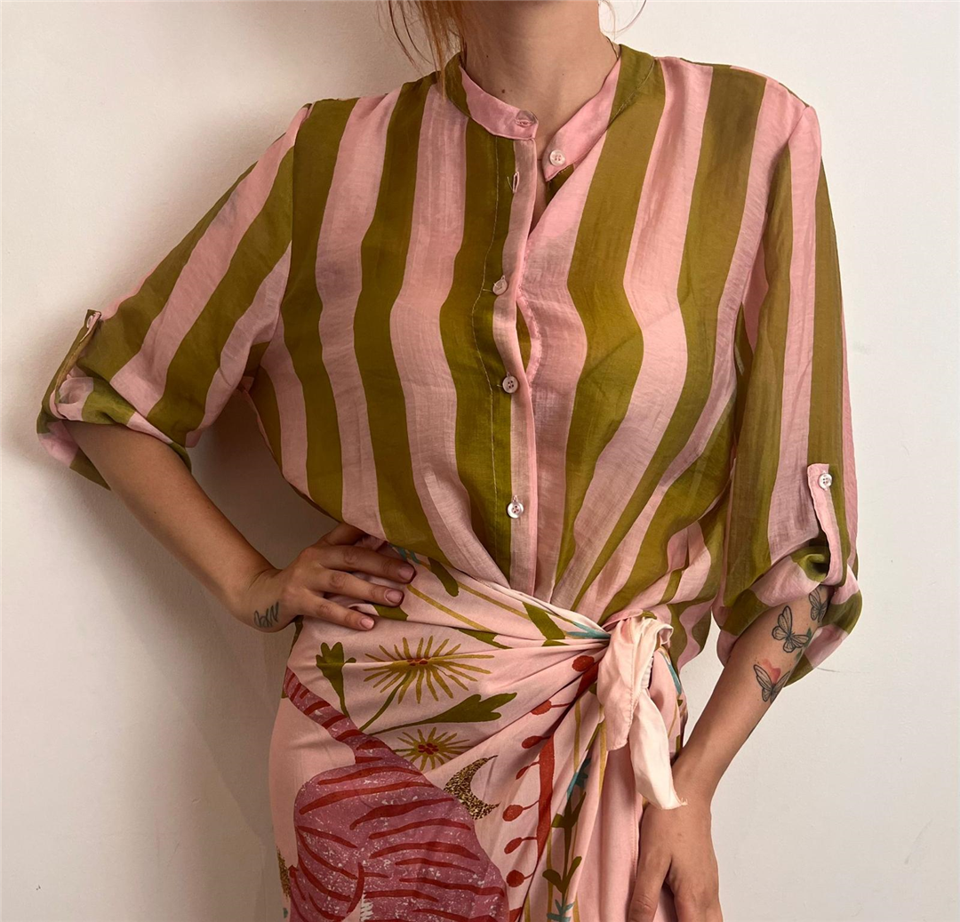 Camicia Eco A Righe Collo Alla Coreana - Haveone cod. CVS_Q422  color:riga rosa/olio