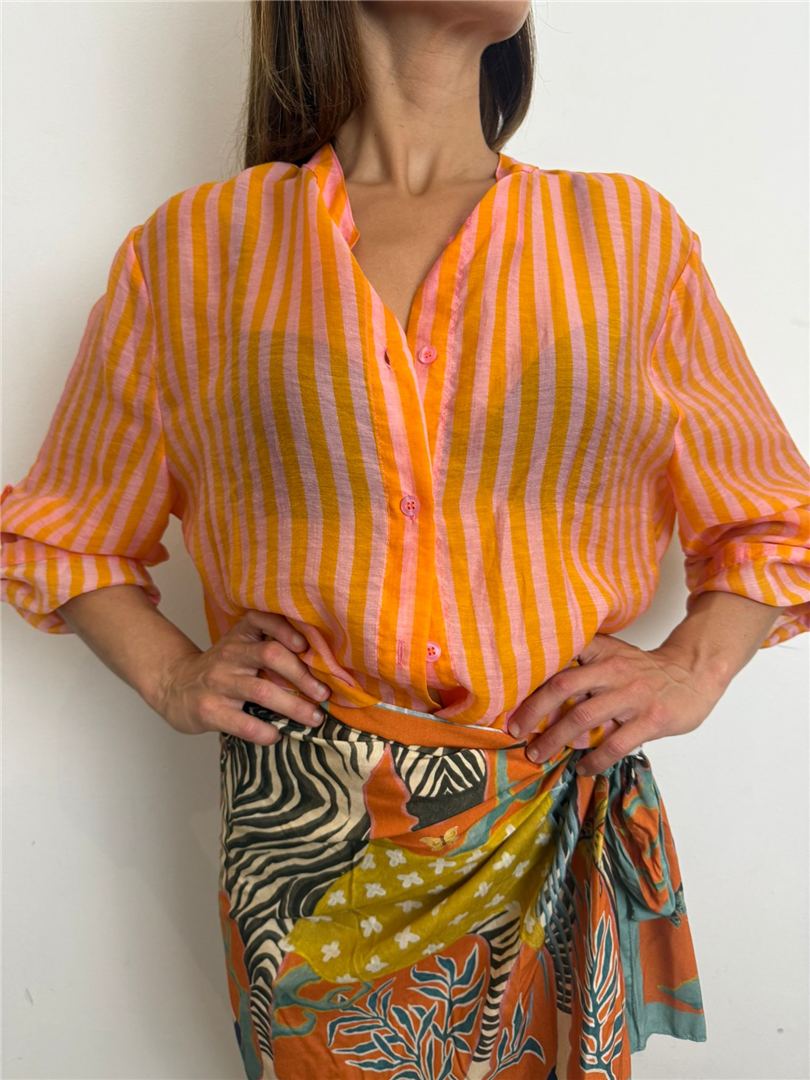 Camicia Eco A Righe Collo Alla Coreana - Haveone cod. CVS_Q423  color:riga arancio/rosa