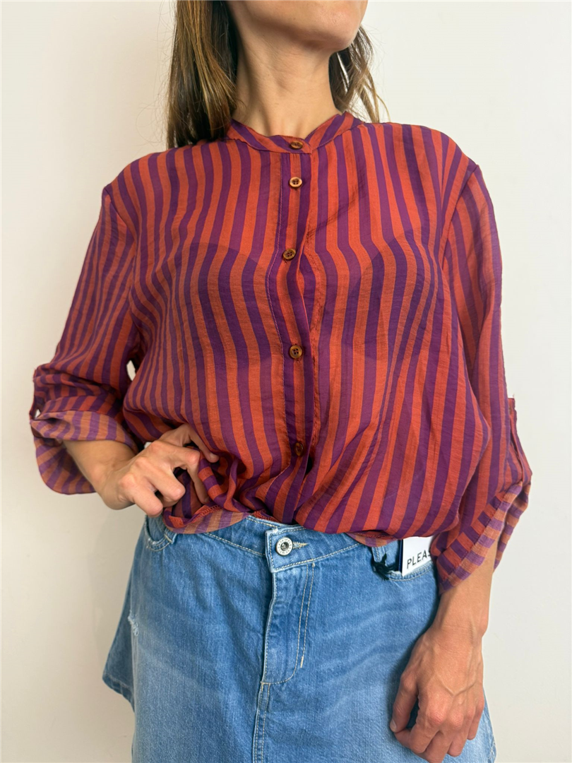 Camicia Eco A Righe Collo Alla Coreana - Haveone cod. CVS_Q423  color:riga arancio/viola