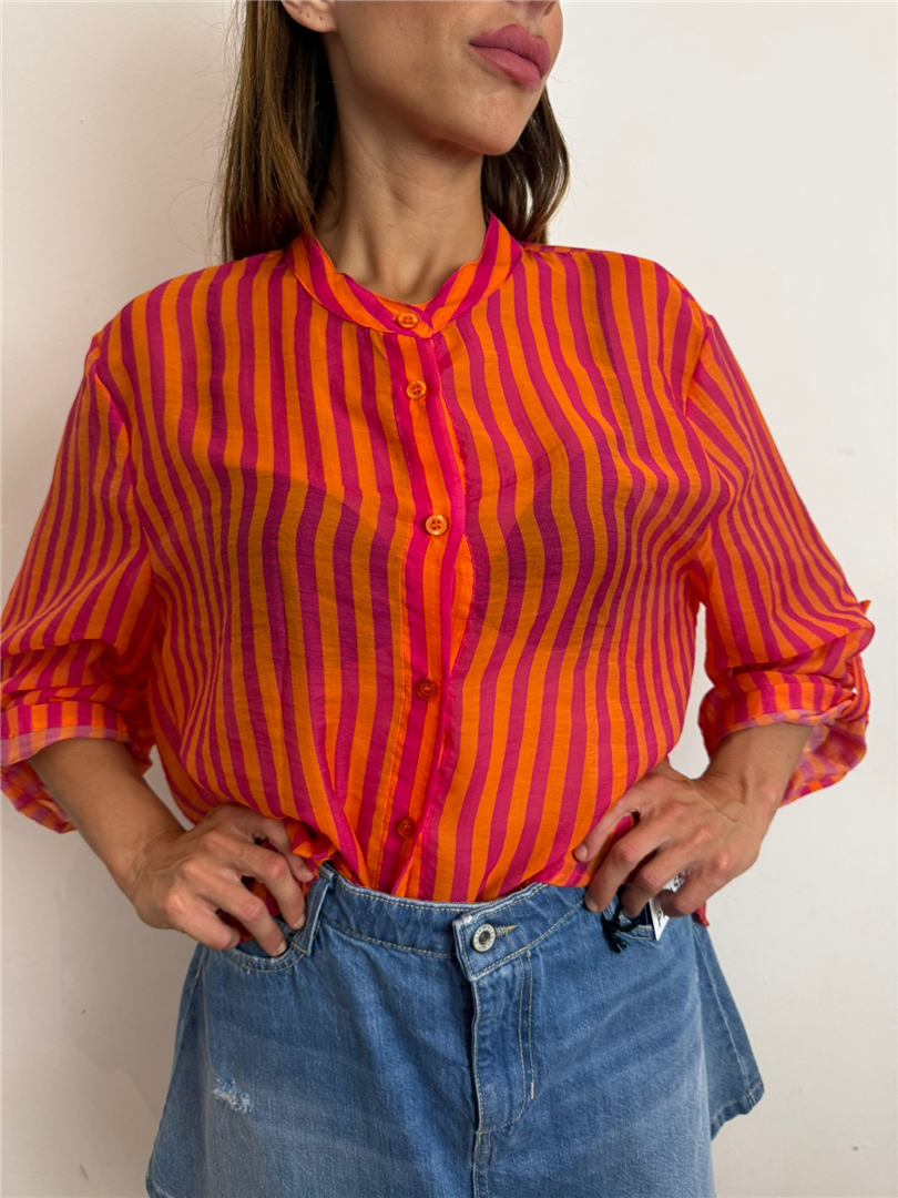 Camicia Eco A Righe Collo Alla Coreana - Haveone cod. CVS_Q423  color:riga arancio/fuxia