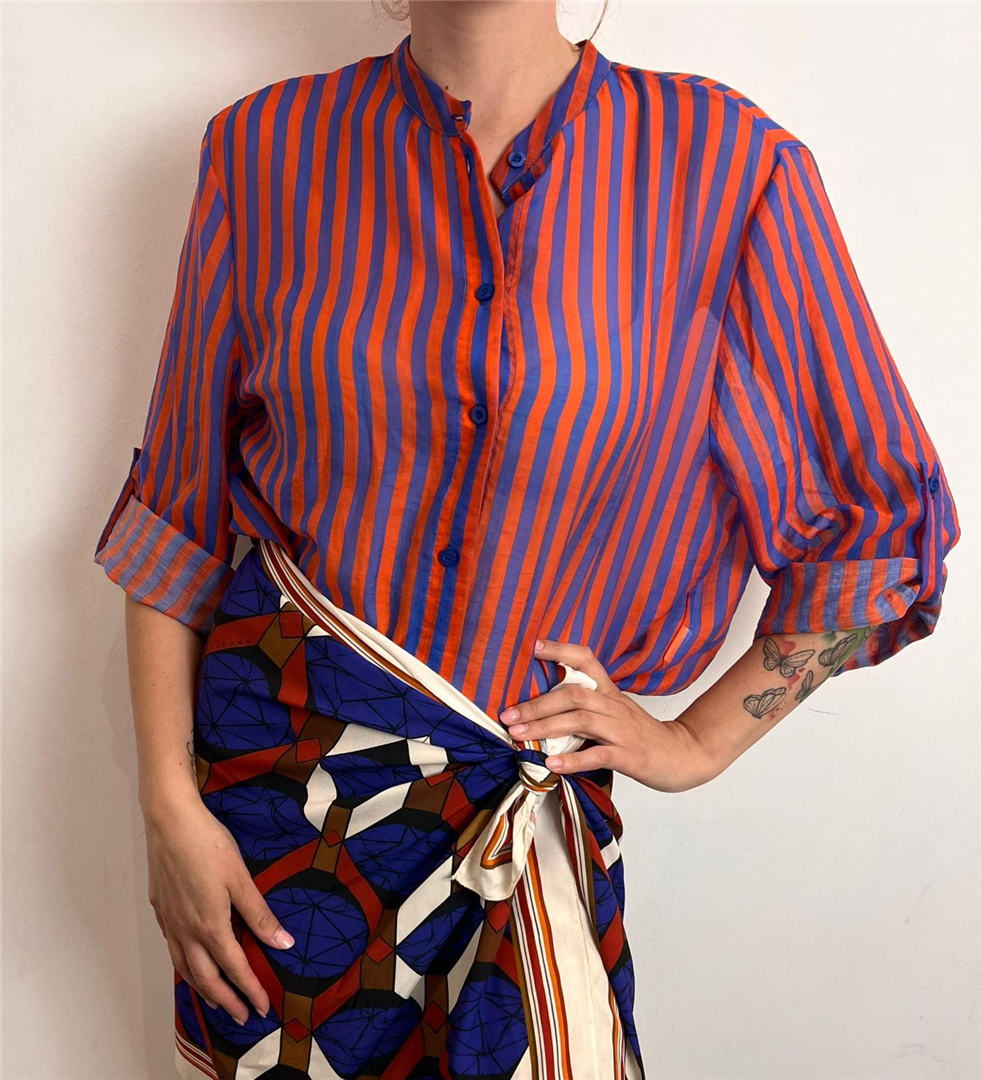 Camicia Eco A Righe Collo Alla Coreana - Haveone cod. CVS_Q423  color:riga royal/arancio