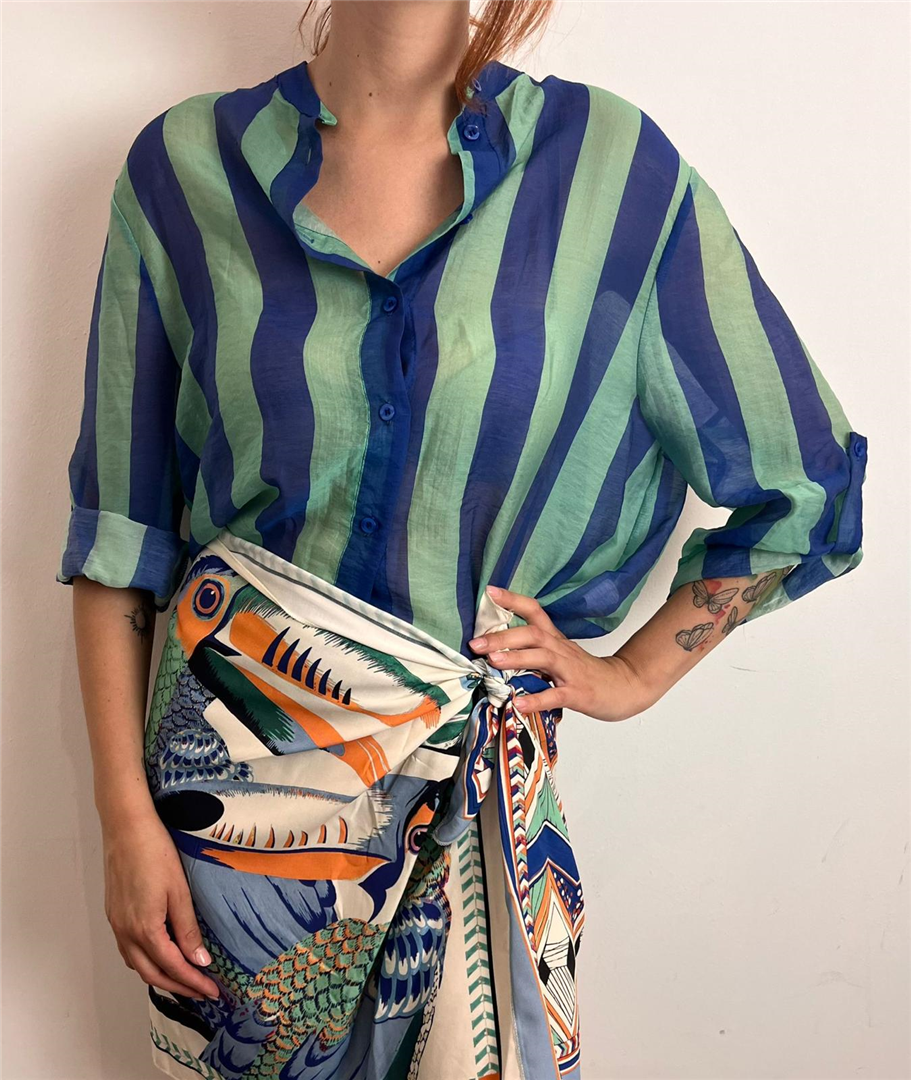 Camicia Eco A Righe Collo Alla Coreana - Haveone cod. CVS_Q422  color:riga royal/acquamarina