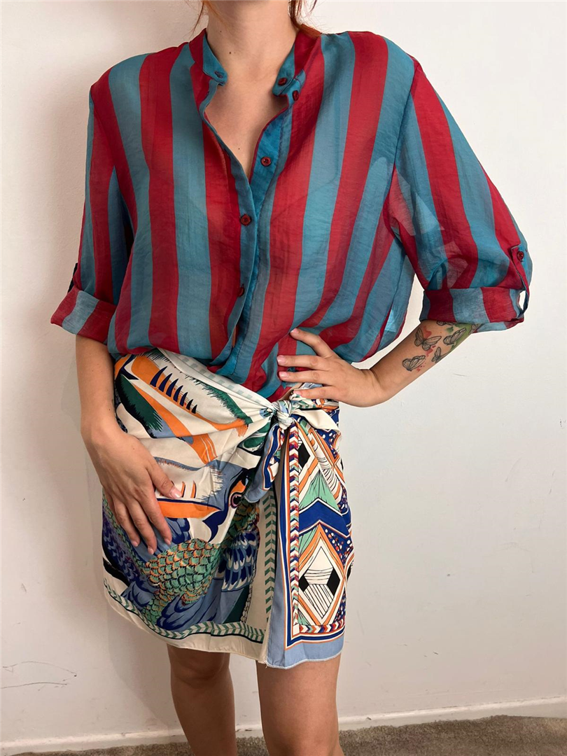 Camicia Eco A Righe Collo Alla Coreana - Haveone cod. CVS_Q422  color:riga ottanio/india