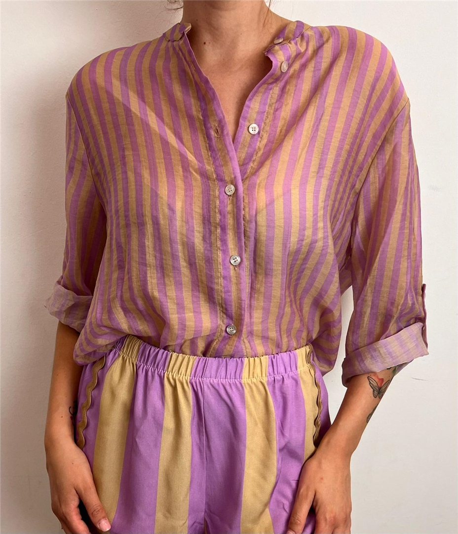 Camicia Eco A Righe Collo Alla Coreana - Haveone cod. CVS_Q423  color:riga lilla/beige