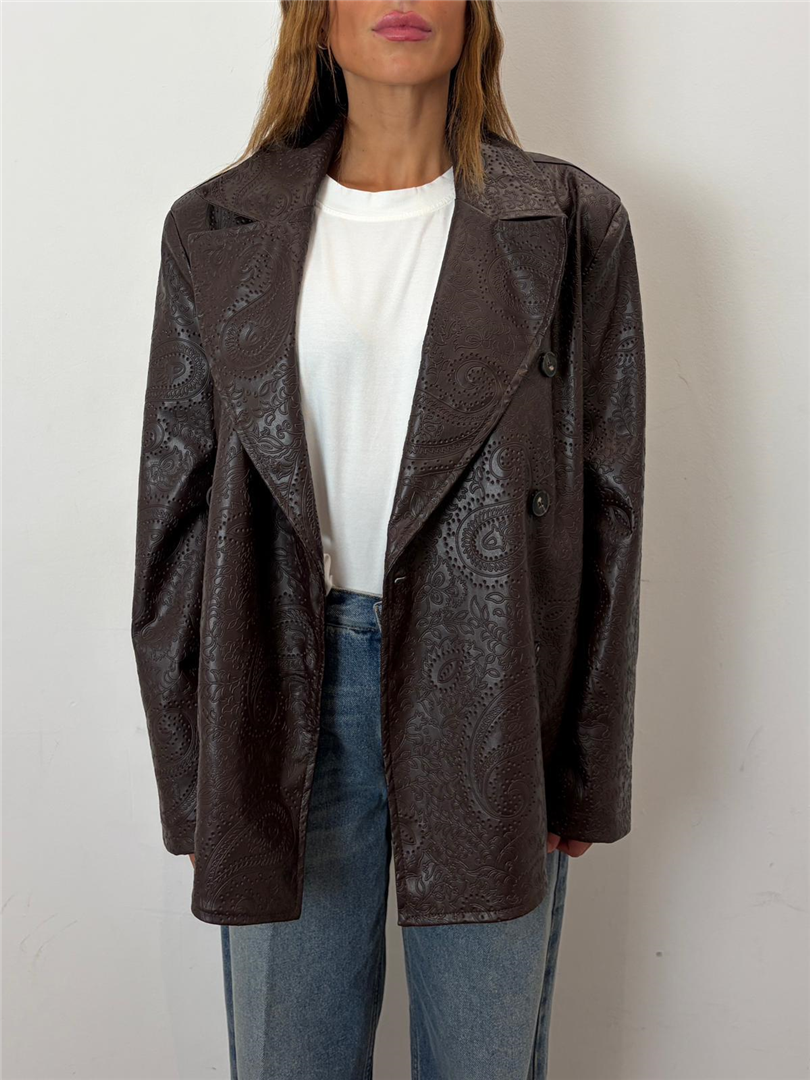 Blazer Over Doppiopetto In Ecopelle Lavorazione Ricamo - Haveone cod. JGE_R039  color:marrone