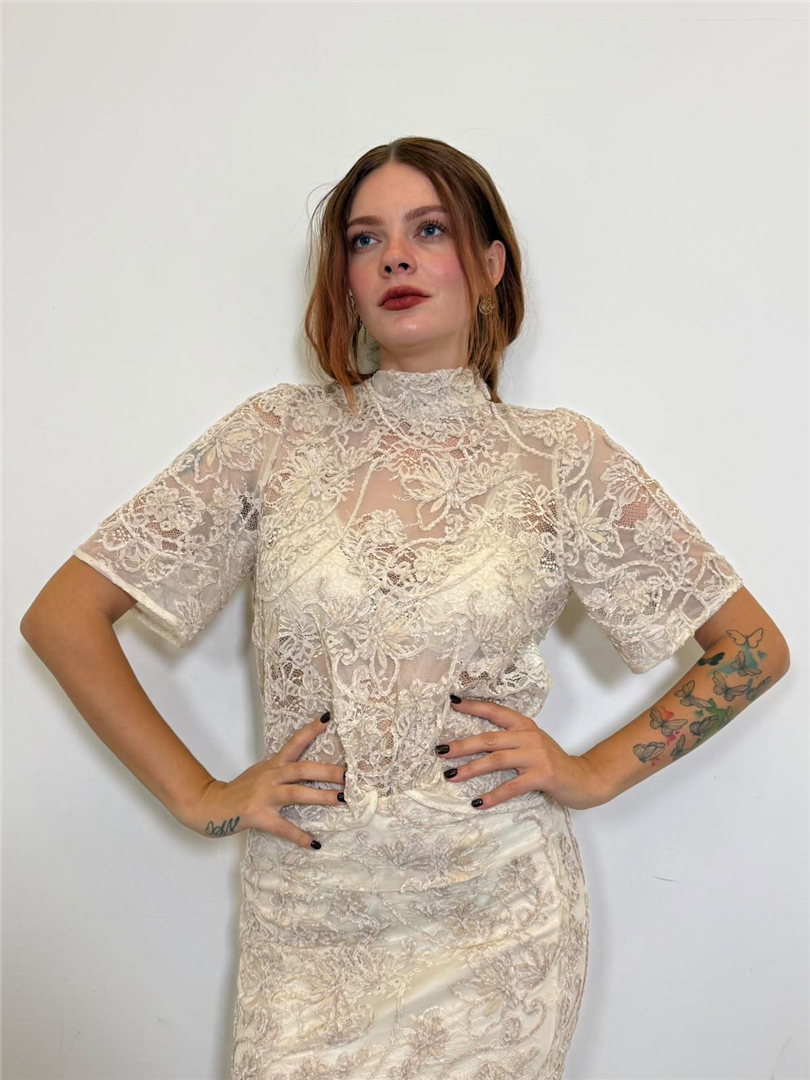 Top Pizzo Trasparente Ricamo Floreale - Imperial cod. RHB3MDY  color:burro