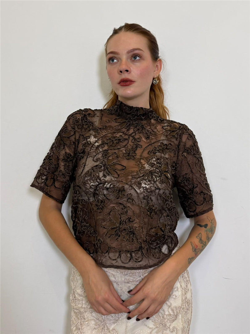 Top Pizzo Trasparente Ricamo Floreale - Imperial cod. RHB3MDY  color:moro