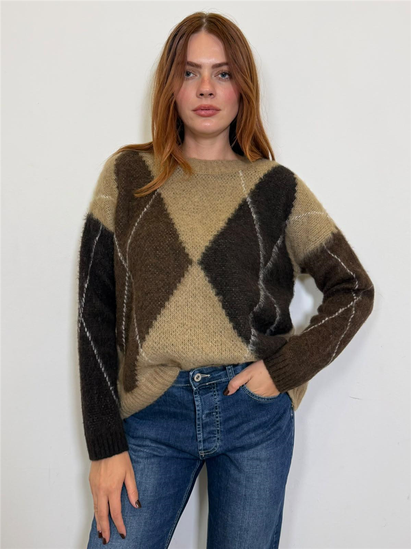 Maglione Girocollo Fantasia Rombi - Please cod. M49779229  color:tortora/moro